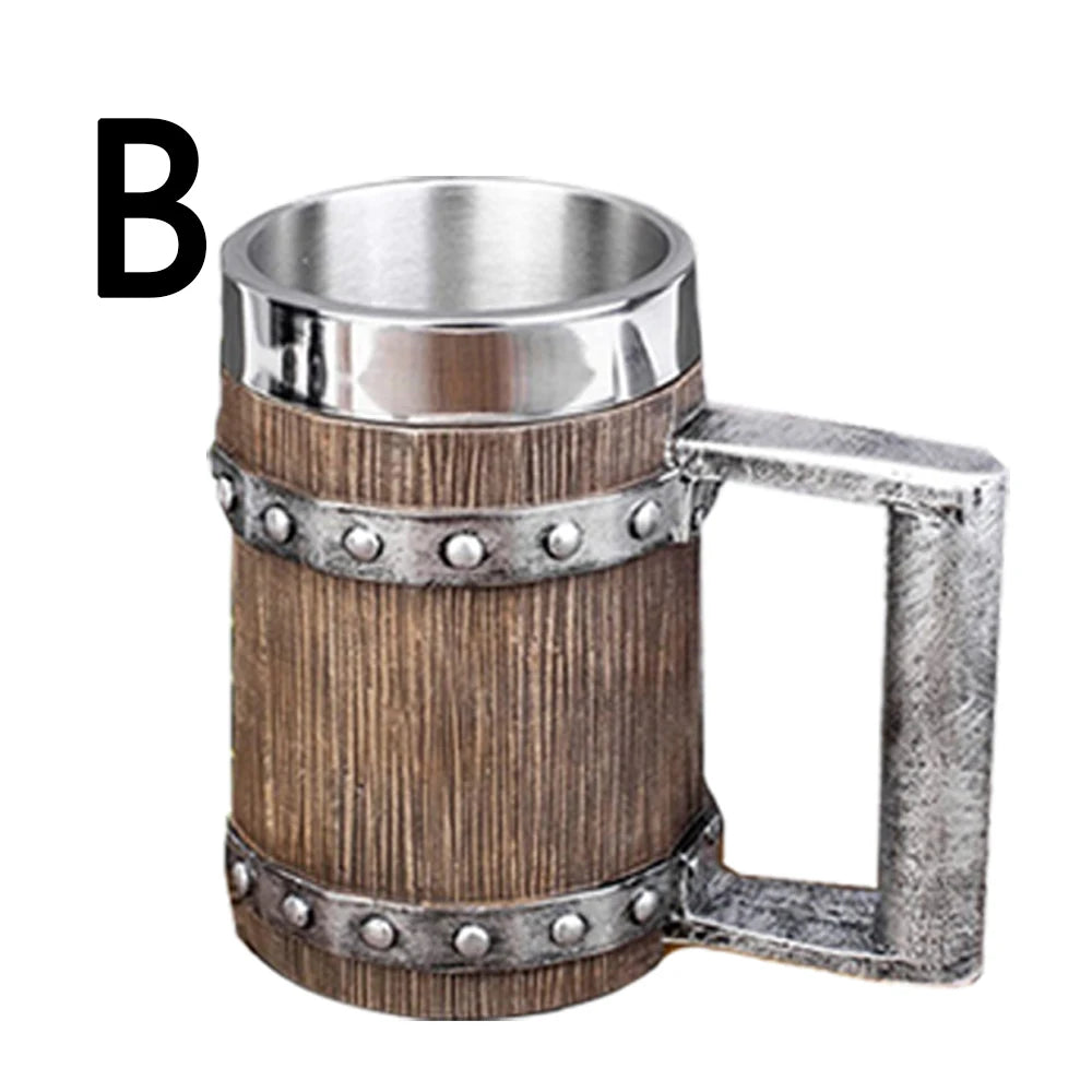 Wooden Barrel Beer Cup Stainless Steel Coffee Mug Viking Style Vintage Beer Mug Double Wall Drinking Cup Halloween Bar Drinkware Peaceful Pleasures Health and Wellness B 600ml