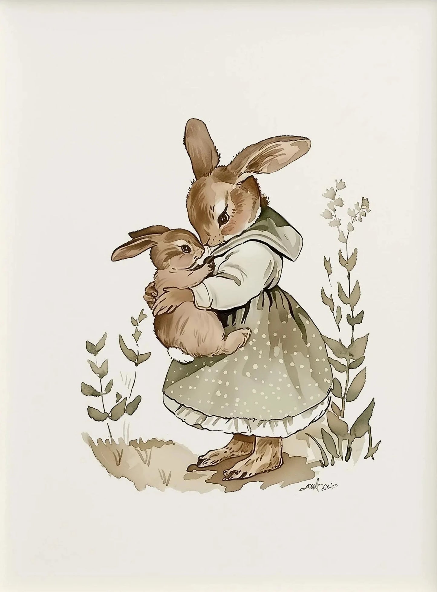 Cartoon Mom & Bunny Nursery Canvas Wall Art | Unframed Print