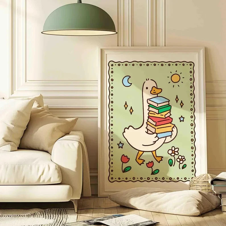 Silly Goose Reads Cartoon Canvas Wall Art Print | Home Decor
