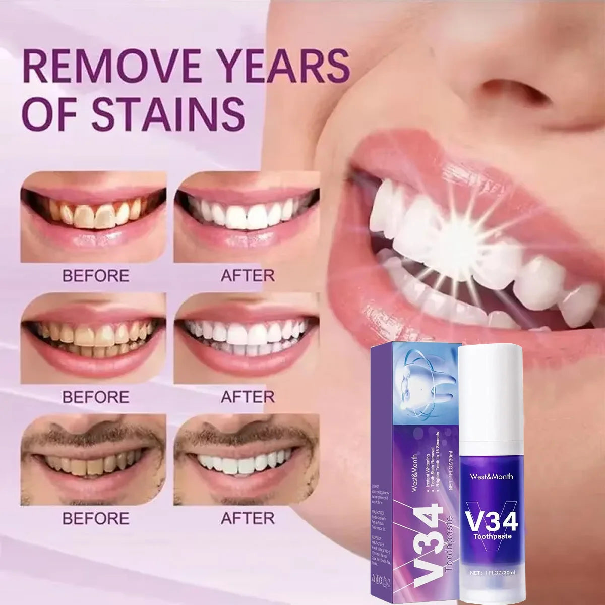 30ml V34 SmileKit Purple Toothpaste Clean Oral Hygiene Fresh Breath Removes Tartar Teeth Whitening Products Toothpaste Squeezer Peaceful Pleasures Health and Wellness