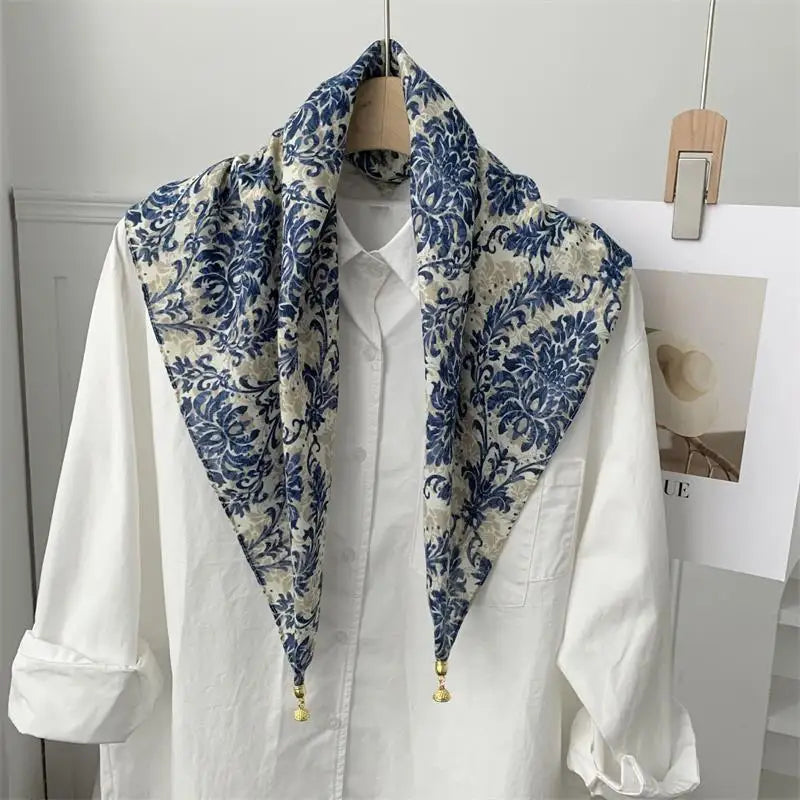 70x70 Retro Print Square Silk Scarf with Magnetic Buckle