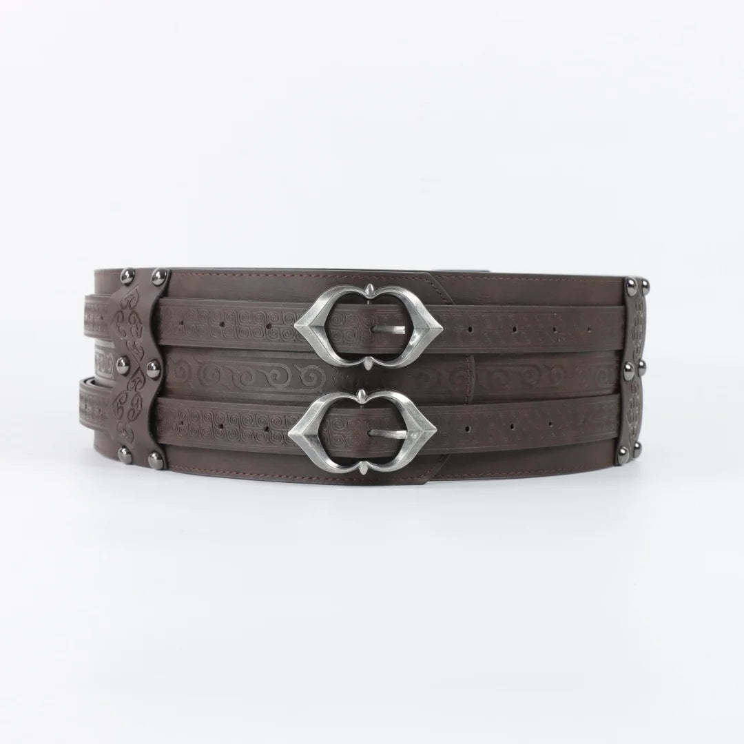 Viking Embossed Wide Waist Sash Medieval Double Buckle Leather