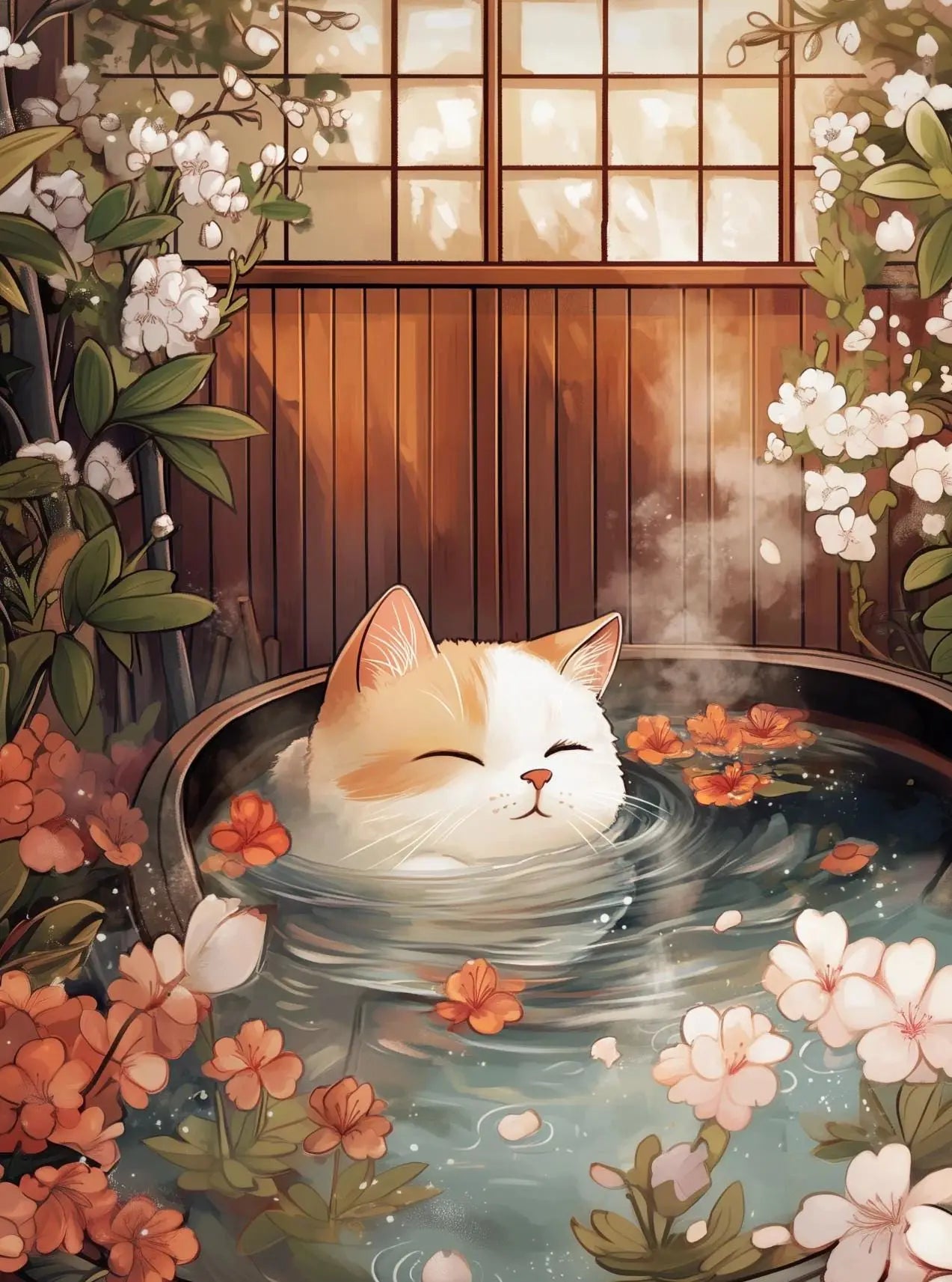 Japanese Cherry Blossom Cat Hot Spring Canvas Wall Art Print Canvas Wall Art Print Peaceful Pleasures Health and Wellness