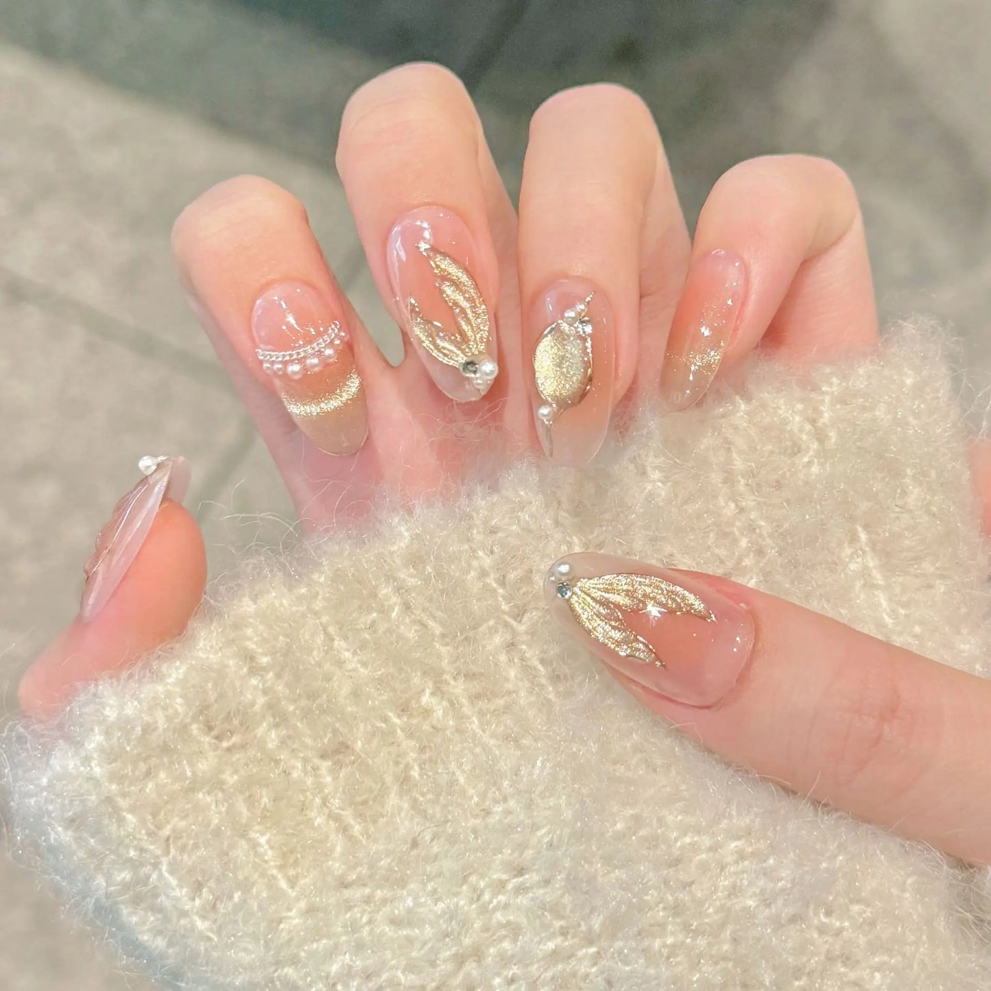 Handmade Press on Nails Dreamy Mermaid Tail Cat Eye Pearl Decor False Nails Full Cover French Cat Eye Shiny Korean Fake Nails Peaceful Pleasures Health and Wellness L 1