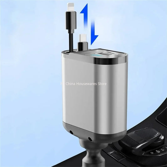 4 in 1 120W Car Charger Retractable Car Cigarette Lighter Adapter USB Type C Fast Charger Cable For IPhone Xiaomi Huawei Samsung Peaceful Pleasures Health and Wellness Black