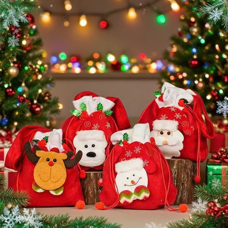 Christmas Gift Bags Santa Snowman Moose Drawstring Goodie Bags