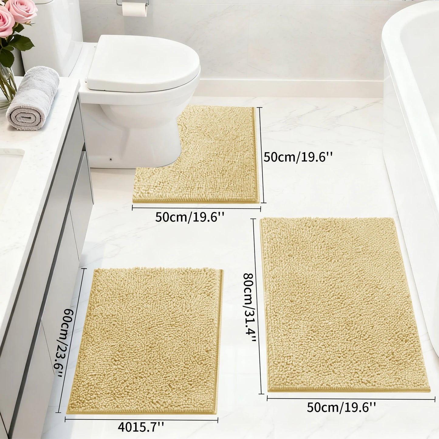 Set of 3 Bathroom Rugs 1.5/3CM Thick Chenille Bath Mat Striped Pattern Shaggy Bath Rugs for Bath Room Non Skid Floor Mats Peaceful Pleasures Health and Wellness Camel 3cm thickness