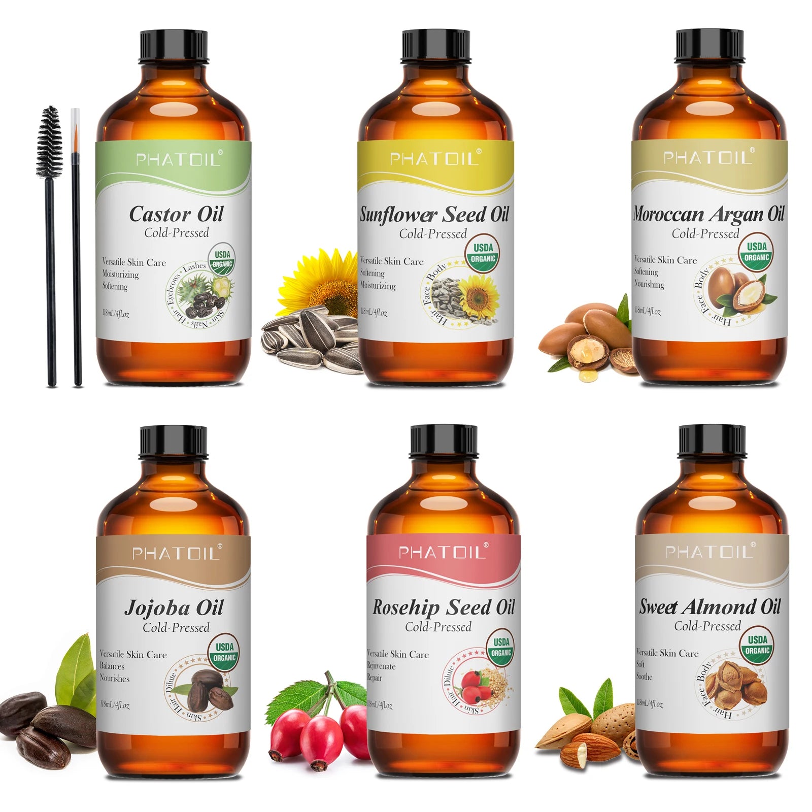 PHATOIL 118ml Organic Face Oil Natural Cold Pressed USDA Carrier Oils- Castor Oil,Jojoba,Moroccan Argan Oil,Rosehip Seed Oil Peaceful Pleasures Health and Wellness