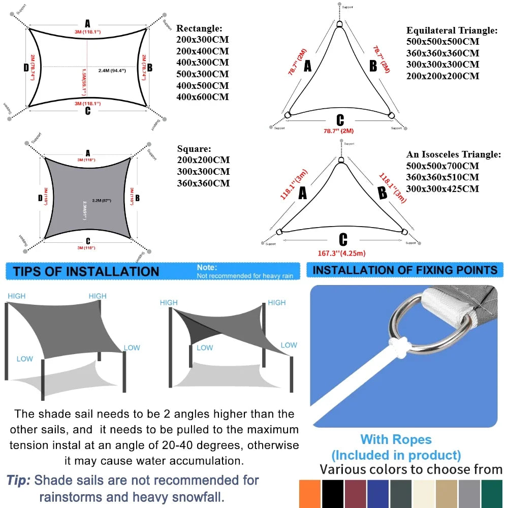 Sun Shade Sail Triangle Rectangle Waterproof Canopy 95% UV Block Awning Sunscreen with Ropes for Outdoor Patio Garden Pool Cover Peaceful Pleasures Health and Wellness