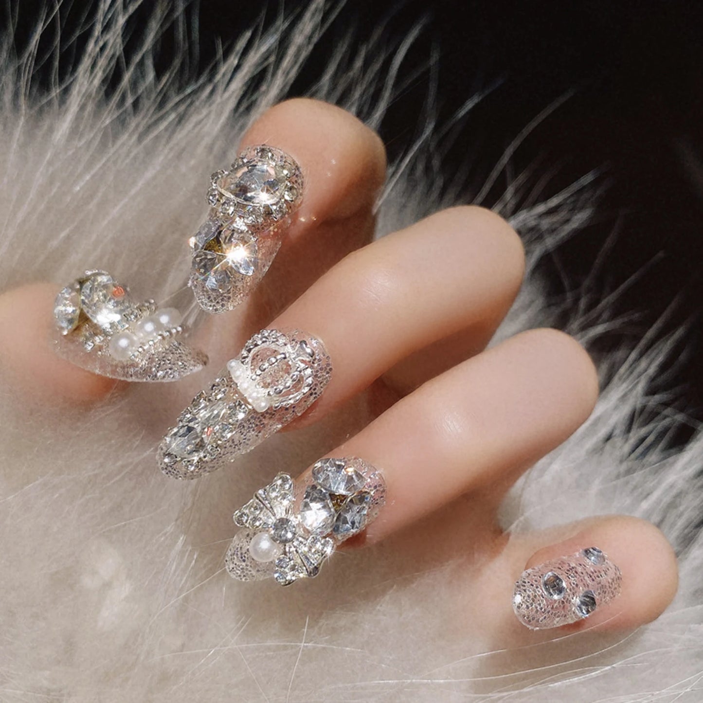 24pc Rhinestone Pearl Press-On Nails | 3D Crown Bridal Set