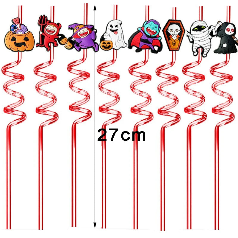 8pcs 27cm Plastic Halloween Straw Reusable Miner Plastic Spiral Drinking Straws Kids Birthday Party Decorations Juice Straws Peaceful Pleasures Health and Wellness
