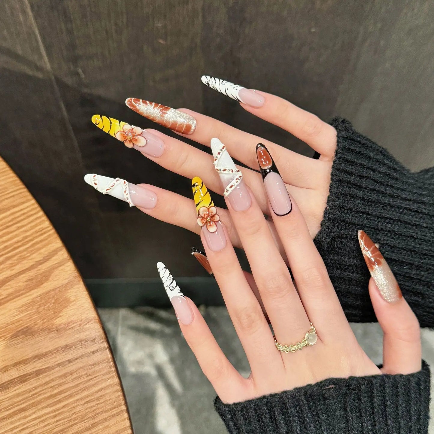 3D Press-On Nails Long Ballet Coffin | Handmade Floral Fake Nails