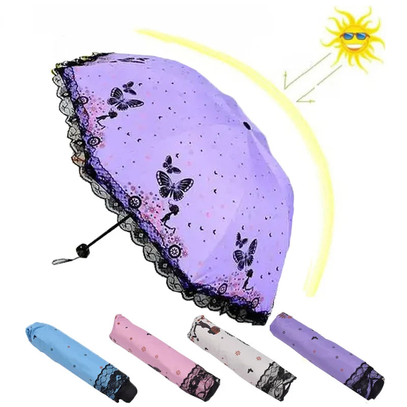 Butterfly Lace Triple Fold Windproof Sun & Rain Umbrella