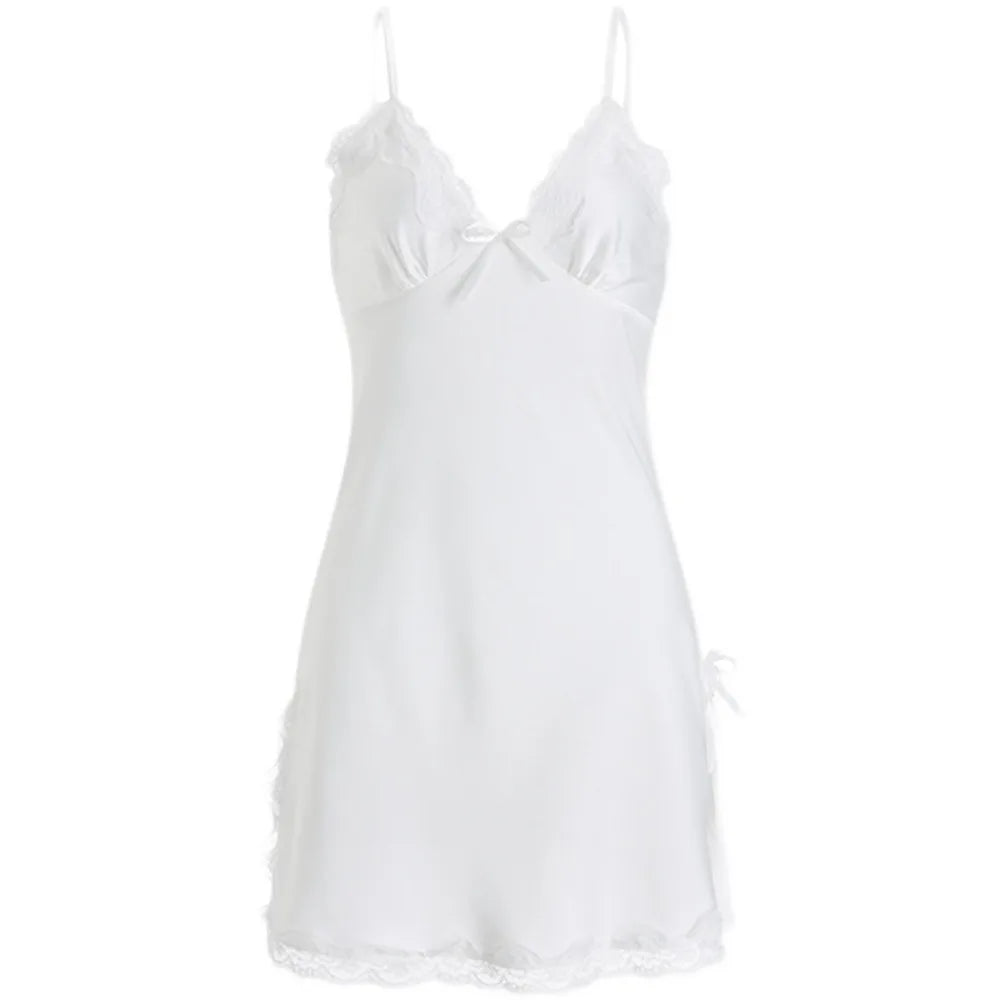 Lace Bow Satin Slip Nightgown | Sleeveless Women's Dress Slip Nightgown Dress Peaceful Pleasures Health and Wellness White One Size