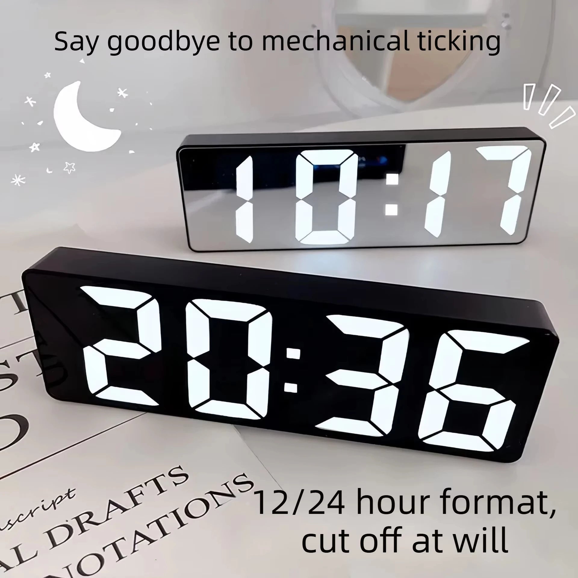 LED Mirror Digital Alarm Clock Silent Luminous Electronic Desktop Bedside Clock Student Ornament Black White Peaceful Pleasures Health and Wellness