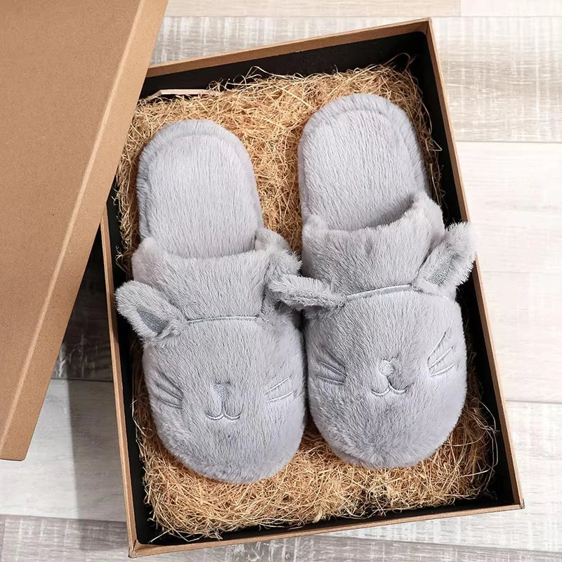 Women's Plush Cat Slippers – Cozy Non-Slip Furry Indoor Slippers