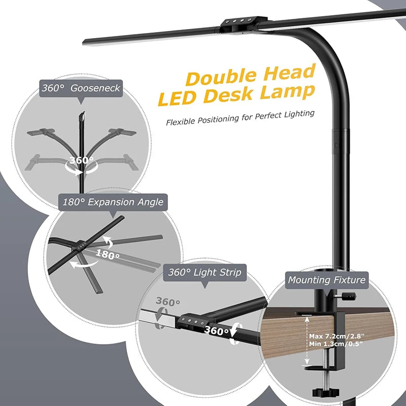 RUNTOIN Dimmable Double Head LED Desk Clamp Lamp | Eye Care