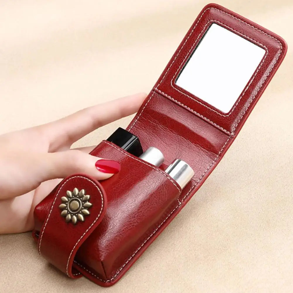 Mini Makeup Bag Portable Lipstick Cosmetic Bag High Quality Genuine Leather Lipstick Packet Lipsticks Storage Pouch With Mirror Peaceful Pleasures Health and Wellness