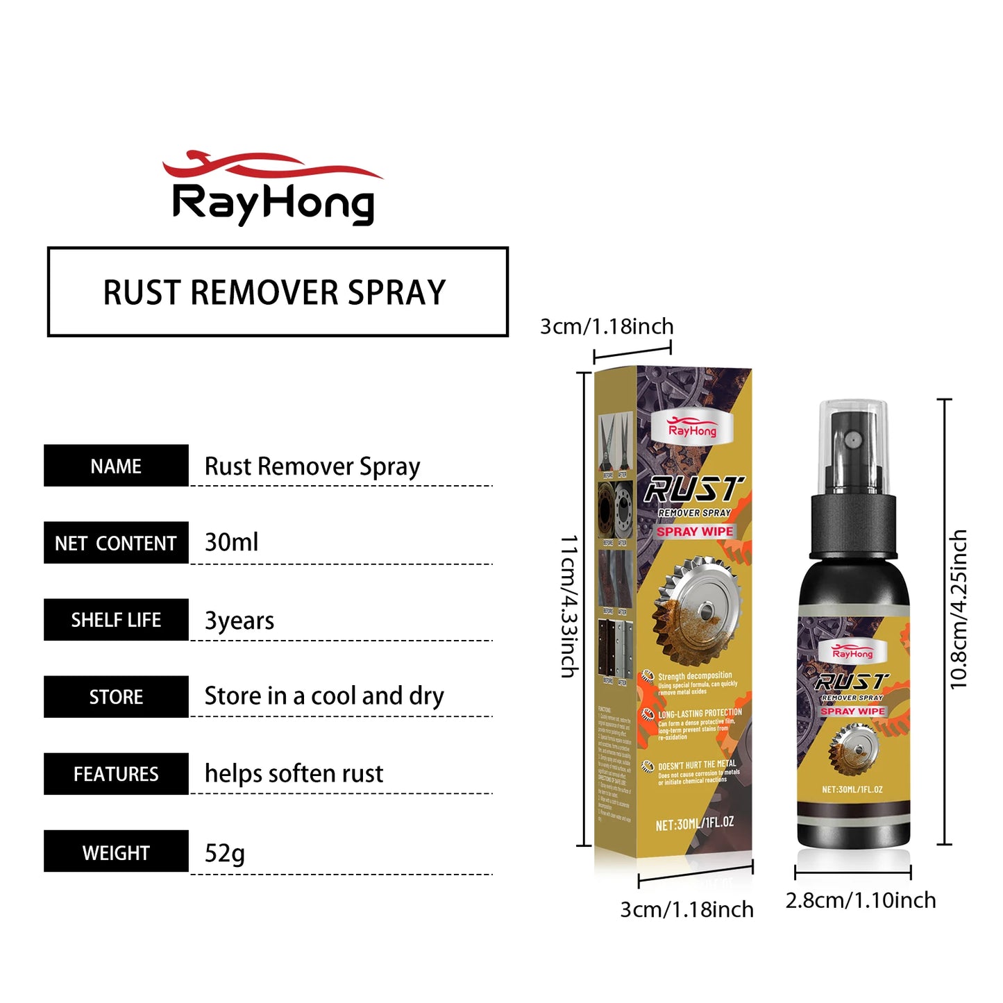 Rayhong 30ml Metal Rust Remover Spray | Car Hub Polish & Protect