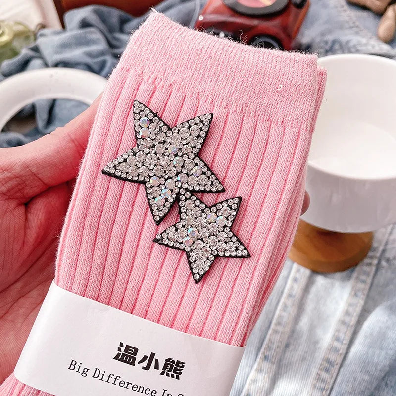 Fashionable Rhinestone Sparkling Women's Socks, Kawaii Star Diamond Sparkling Socks, Comfortable And Breathable Christmas Socks Peaceful Pleasures Health and Wellness Pink One Size