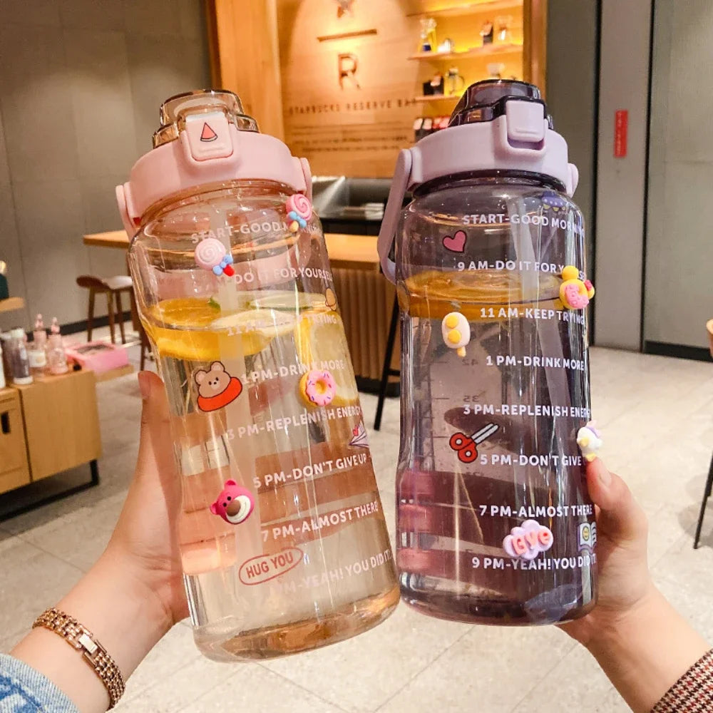 2L Portable Water Bottle Large Capacity Plastic Straw Water Cup Drink Bottle with Time Marker for Outdoor Sports Fitness Hot Peaceful Pleasures Health and Wellness