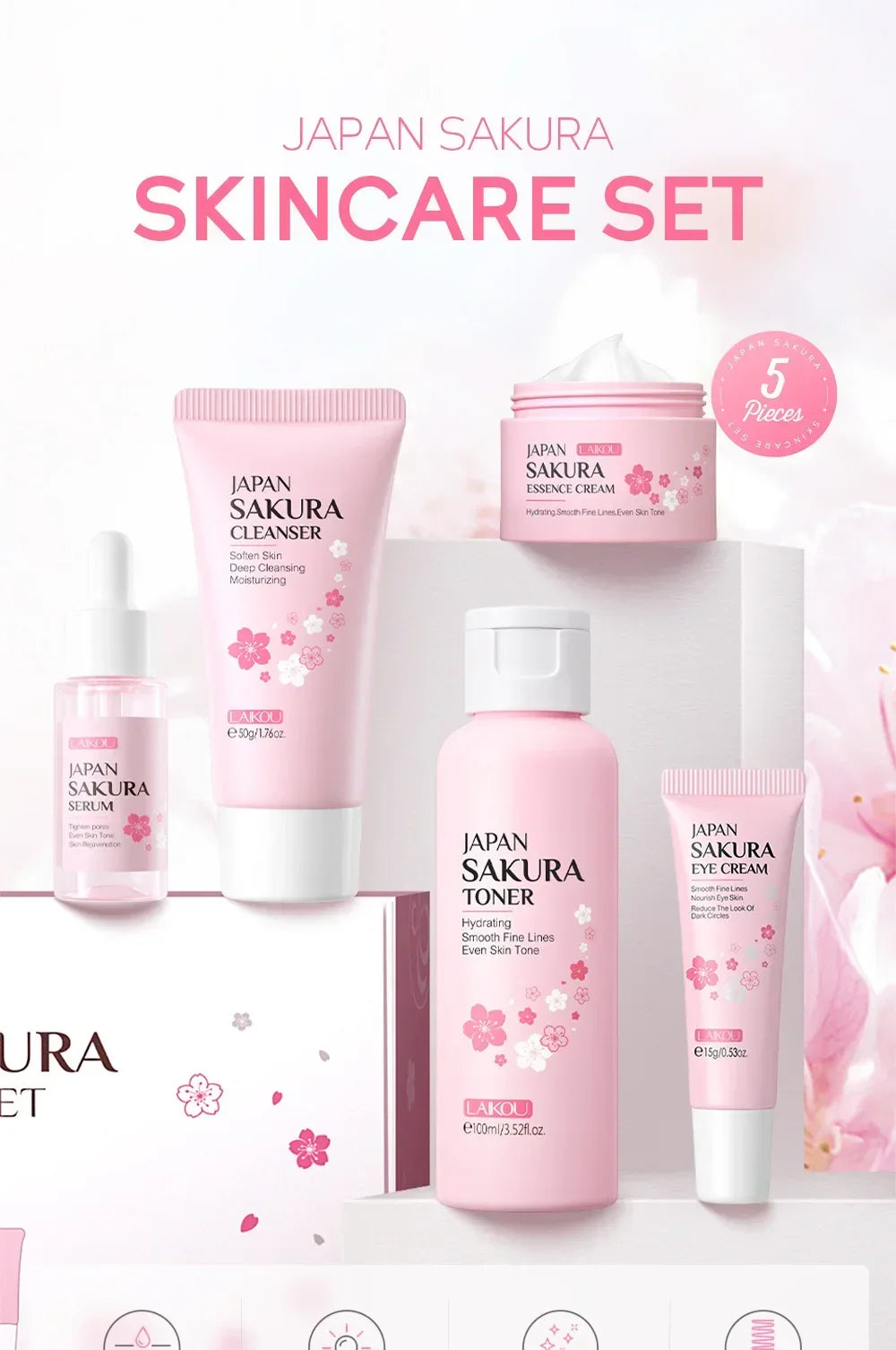 LAIKOU Sakura 5-Piece Skin Care Gift Set Peaceful Pleasures Health and Wellness