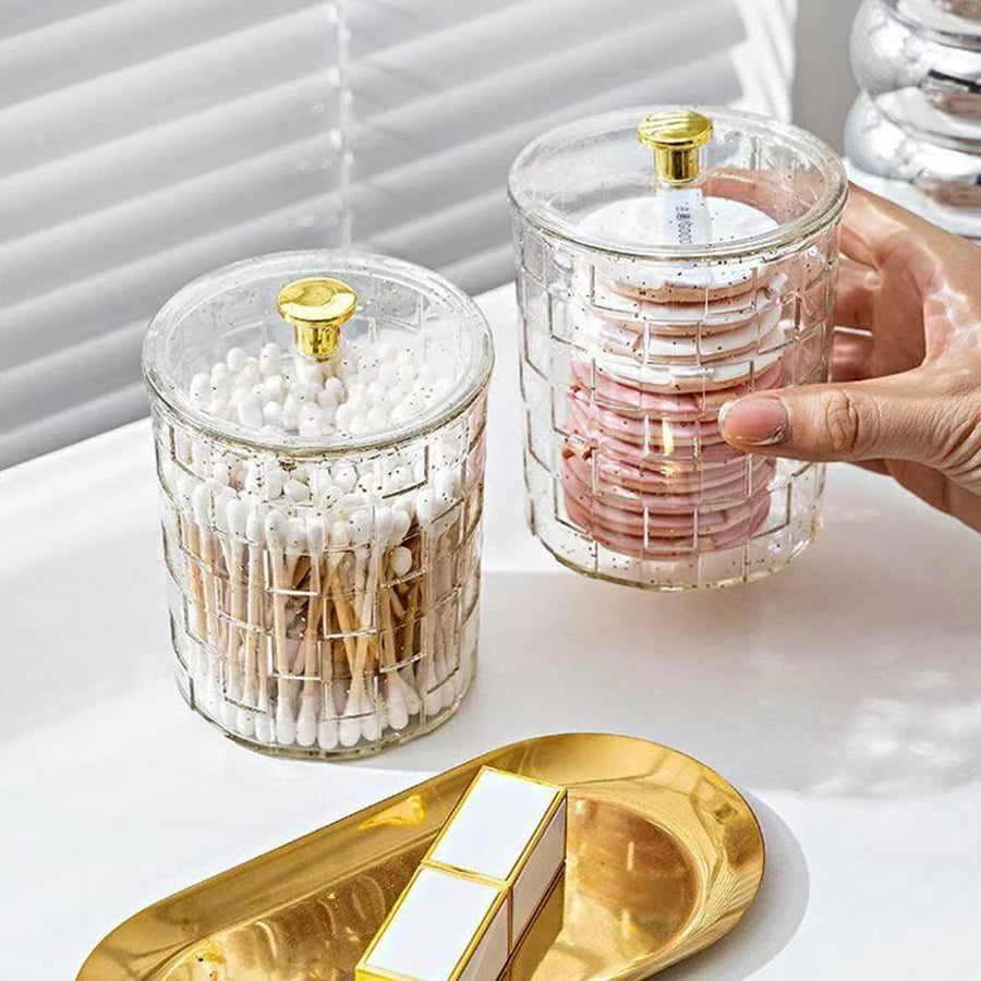 Q-Tip Holder & Vanity Tray Set – Clear Apothecary Jar Cotton Swab & Ball Dispenser