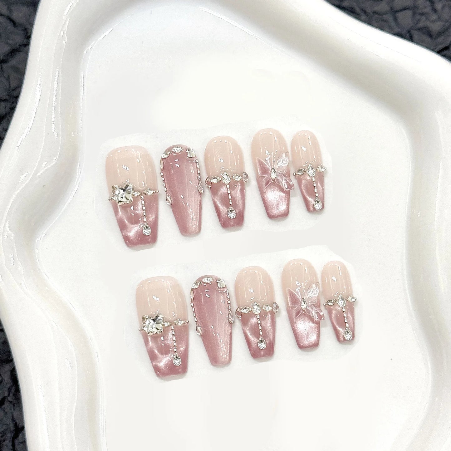 10pcs Handmade Press on Nails Pink Butterfly Design Fake Nails Wearable Reusable Glitter Cat Eye Sweet Korean False Nail Tips Peaceful Pleasures Health and Wellness XS