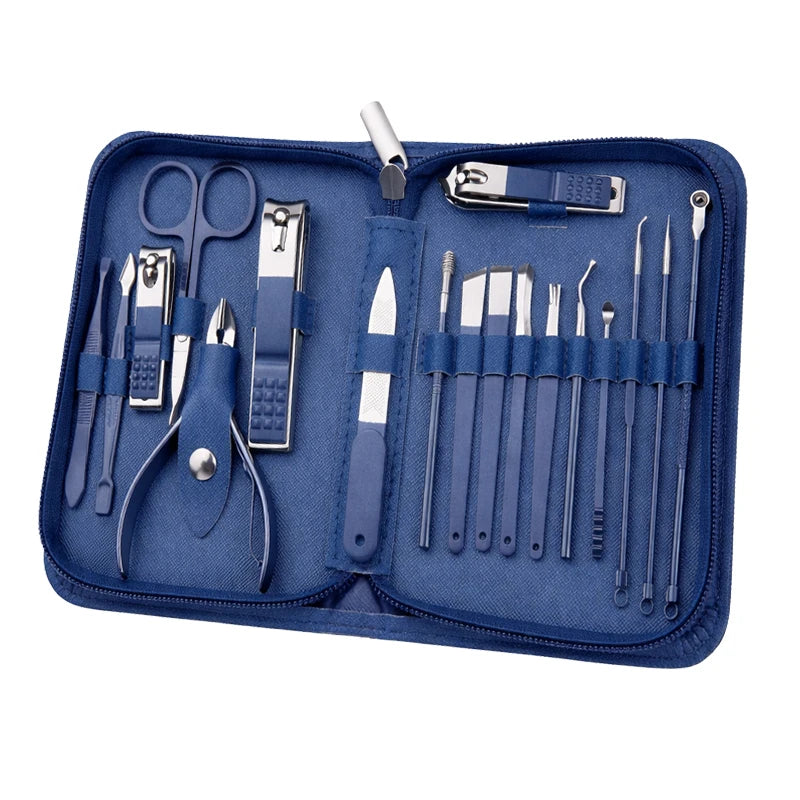 18PCS Professional Nail Clipper Set Home Set Stainless Steel Nail Clippers Hand and Foot Care with Zipper Case for Men & Women Peaceful Pleasures Health and Wellness BLUE