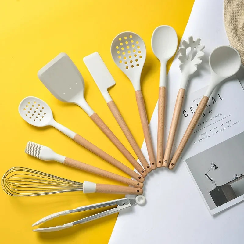 Silicone Non-Stick Cooking Utensil Set – Stainless Steel Handle Spatula, Egg Beater & Shovel Kitchen Tool Set