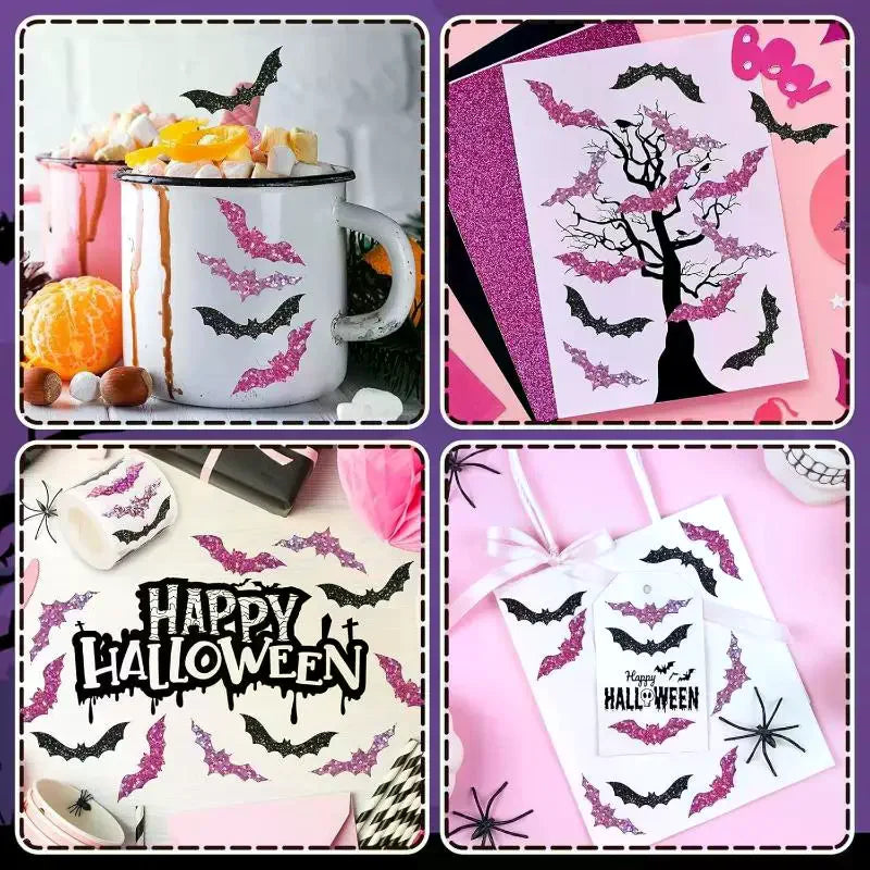 500pcs Halloween Bat Stickers Roll – Glitter Laser Self-Adhesive
