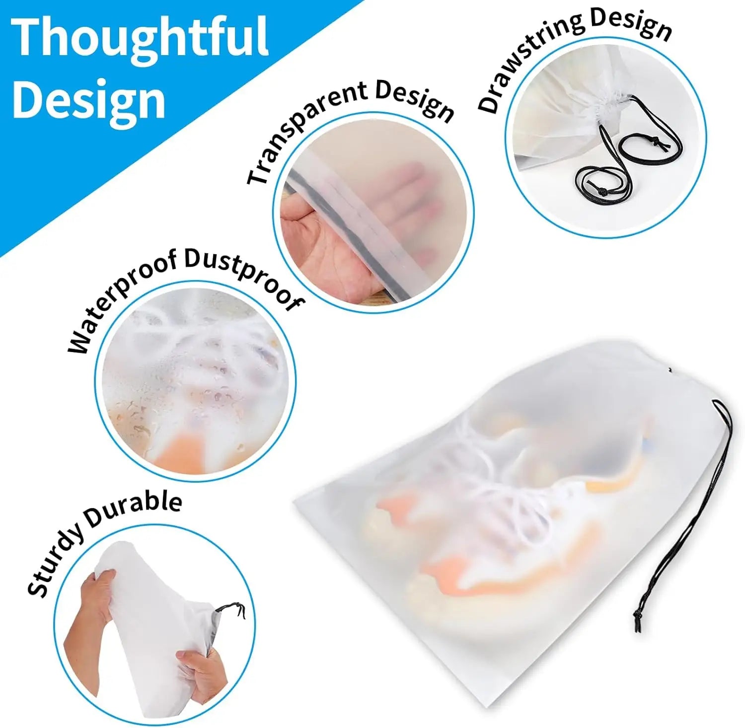 Waterproof Travel Shoe Bags – 5-Pack Clear Drawstring Storage, 15.7x11.8" Travel Bag Peaceful Pleasures Health and Wellness