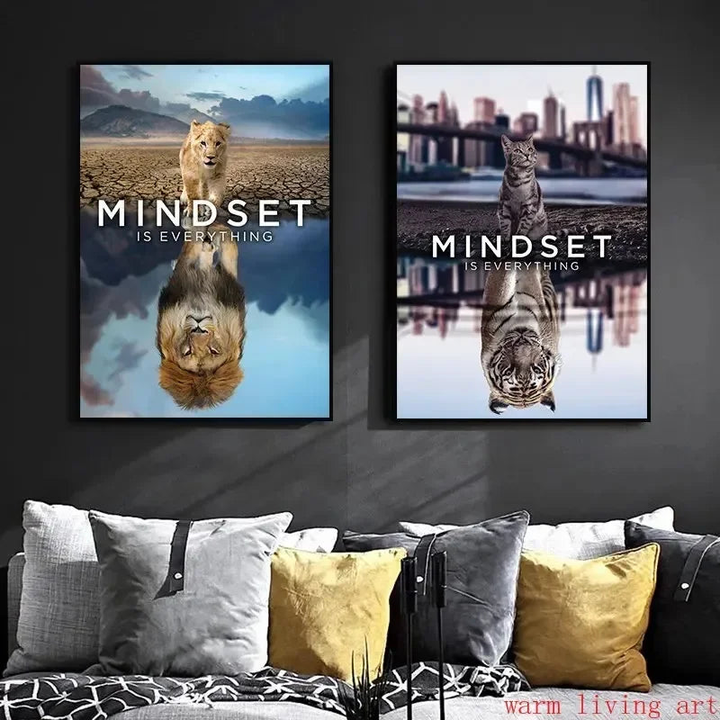 Mindset Is Everything Canvas Wall Art | Lion Wolf Tiger Poster