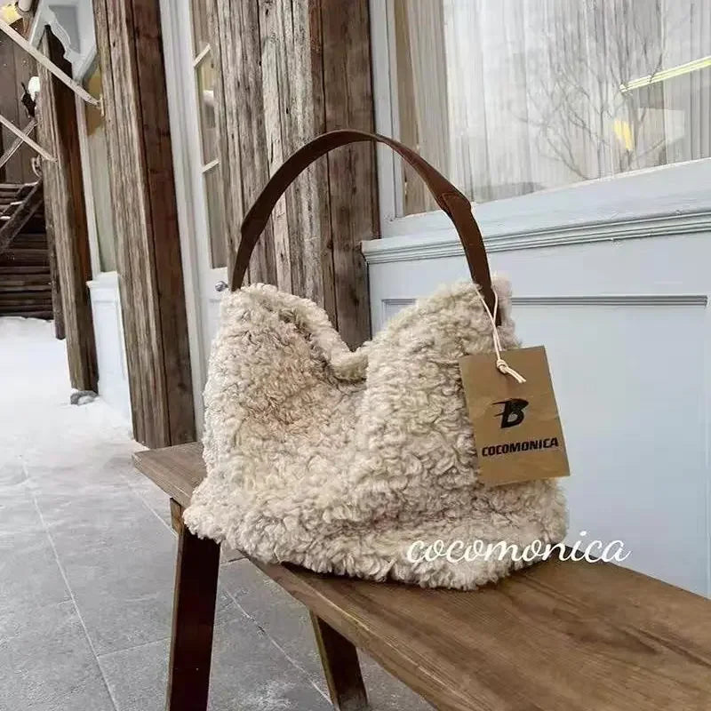 Autumn Winter New Lamb Wool Tote Bag Loose Plush Shoulder Bag Large Capacity Furry Crossbody Bag Fashionable and Versatile New Peaceful Pleasures Health and Wellness Khaki