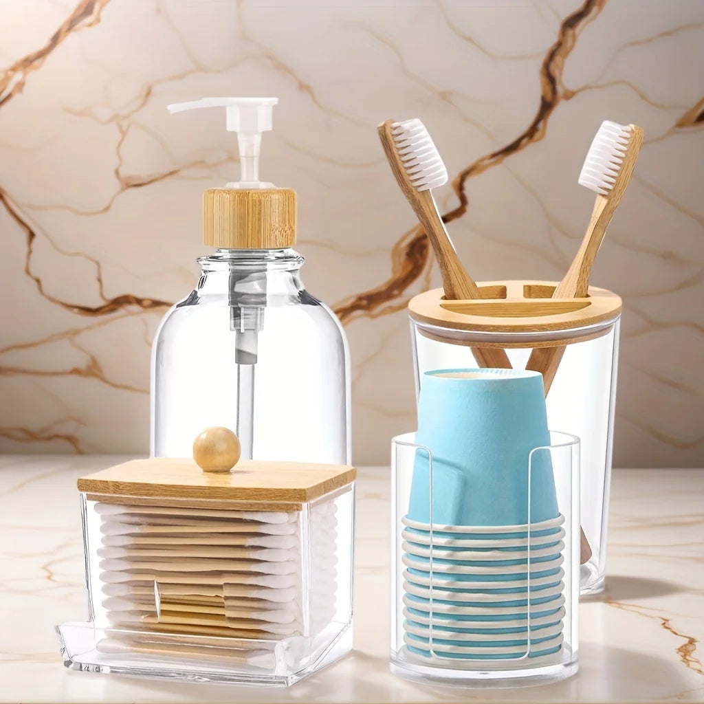 Bathroom Jar Accessories Set 4 Pcs - Clear Toothbrush Holder Plastic Soap Dispenser Bathroom Cup Dispenser Qtip Holder Peaceful Pleasures Health and Wellness