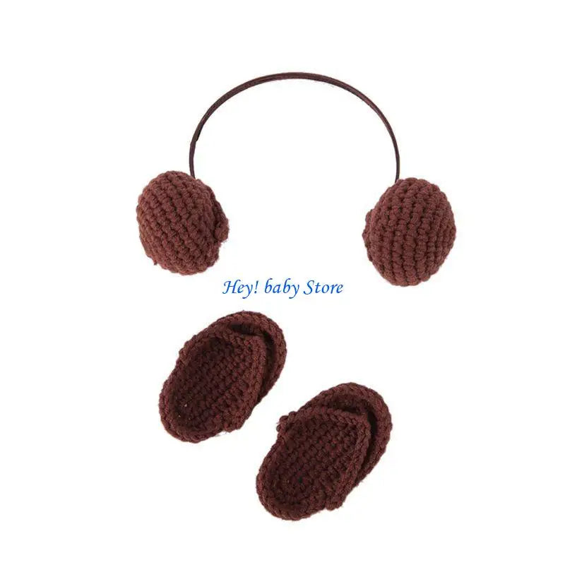 Newborn Photography Knitted Headset & Slippers Set 0–6M