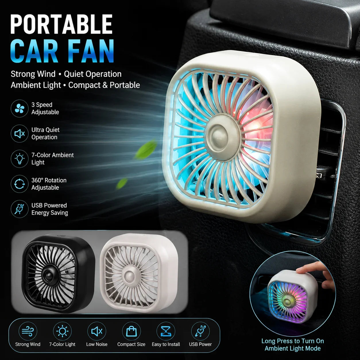 Mini USB Car Vent Fan – 3-Speed Quiet Cooler with LED Light