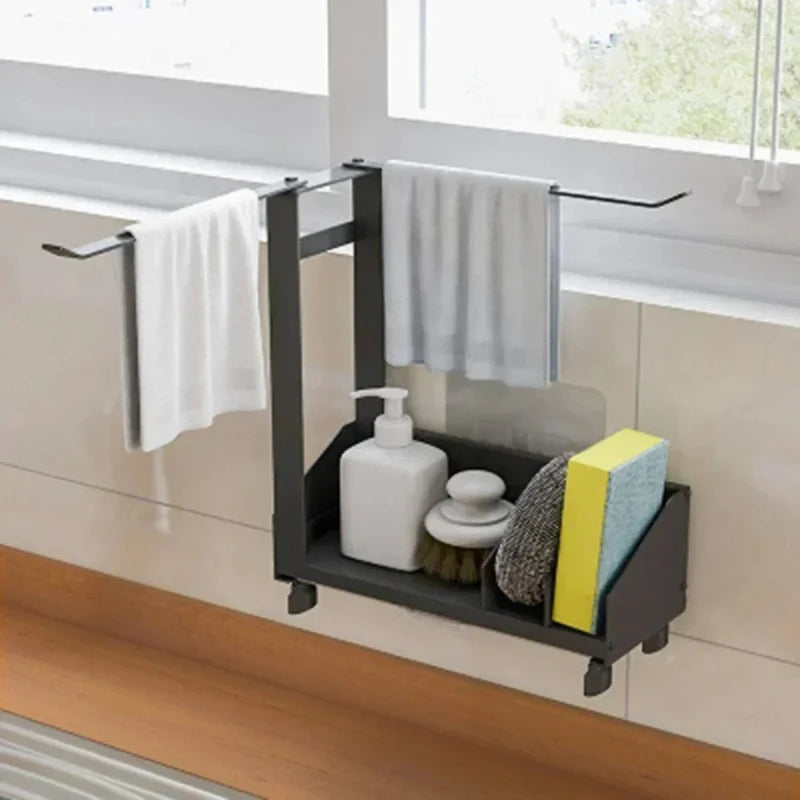 Black Sink Drain Rack – Sponge & Rag Holder with Drip Tray