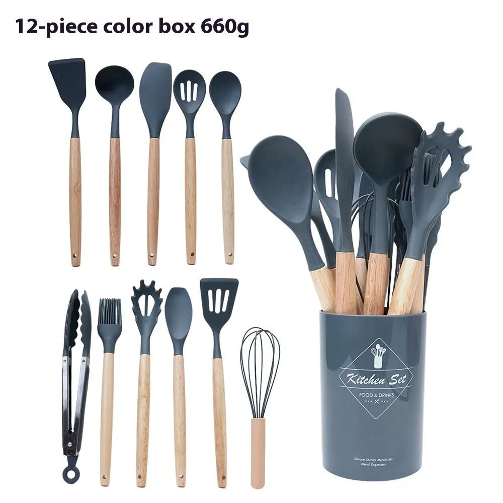 12Pcs Silicone Kitchen Cooking Utensils Set Wooden Handle Cooking Tool Non-stick Cookware Spatula Shovel Egg Kitchenware Beaters Peaceful Pleasures Health and Wellness Dark grey 12Pcs