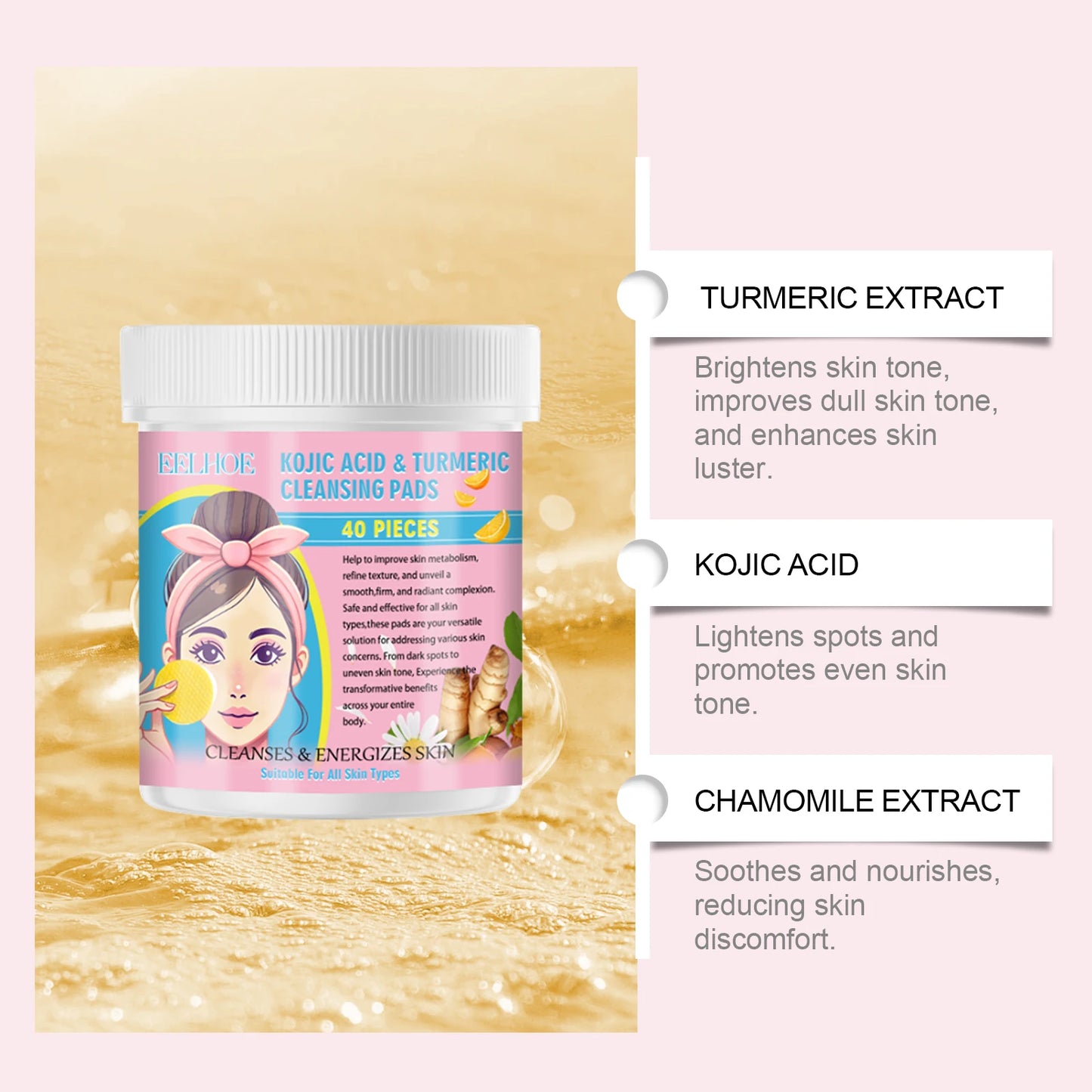 Turmeric & Kojic Acid Facial Cleansing Pads 40-Pack | Brighten & Exfoliate