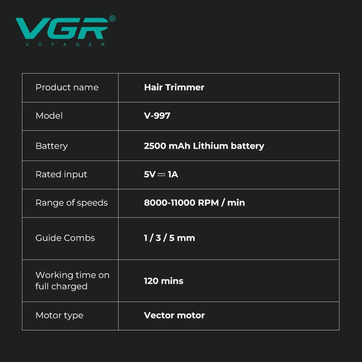 VGR electric hair clipper men's oil head carving electric push gradually changing color metal body 11000 RPM hair clipper V-997 Peaceful Pleasures Health and Wellness