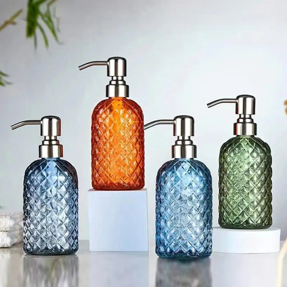 480ml Glass Soap Dispenser – Gem Pattern, Rust-Proof Pump Peaceful Pleasures Health and Wellness