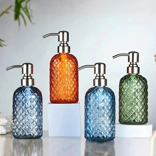 480ml Glass Soap Dispenser – Gem Pattern, Rust-Proof Pump Peaceful Pleasures Health and Wellness