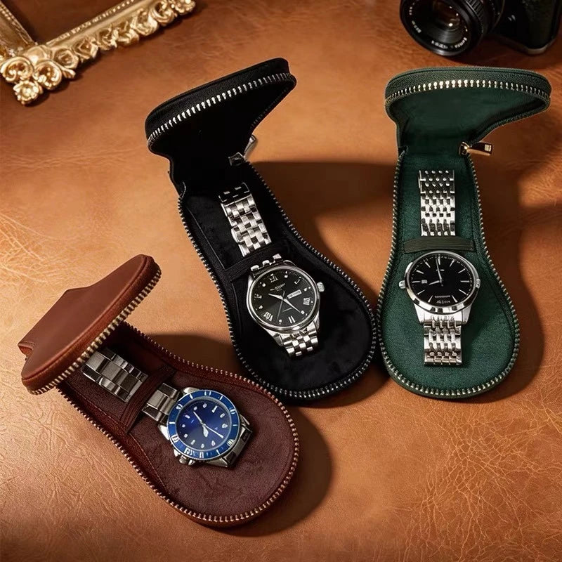 Portable retro leather display watch storage box travel strap zipper watch box dustproof and scratch resistant jewelry watch box Peaceful Pleasures Health and Wellness