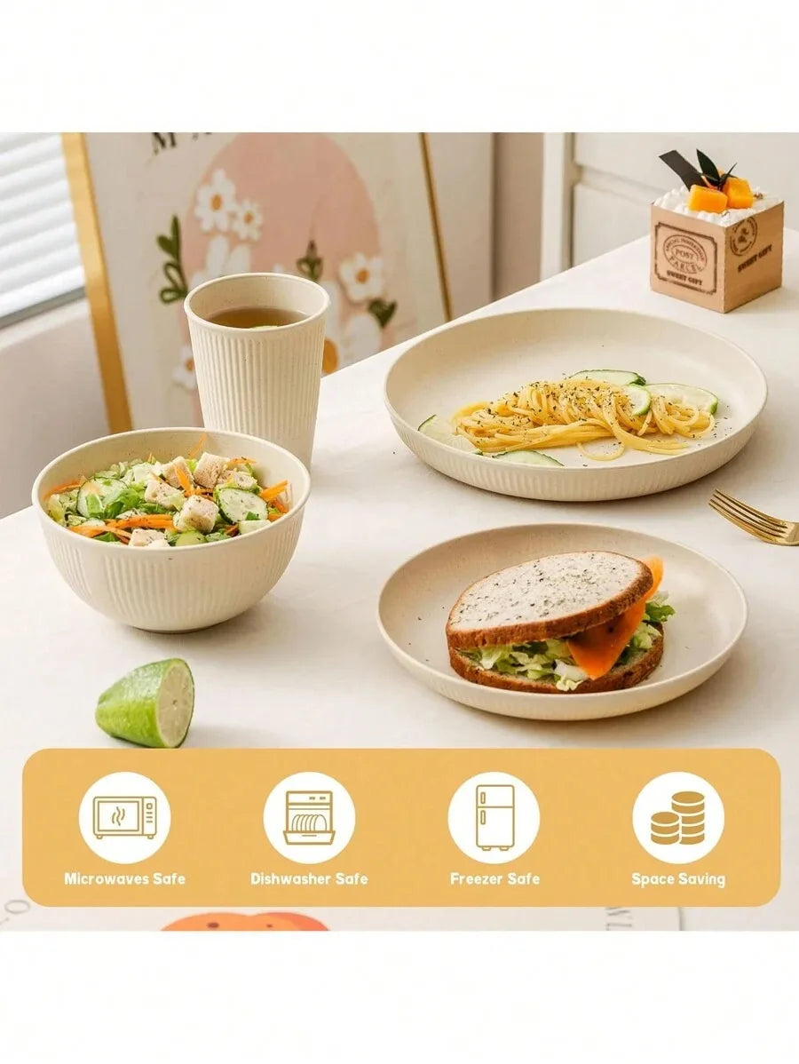 4/8/16pcs Plastic Dinnerware Set Reusable Cup Plate and Bowl Set Suitable for Camper Camping Picnic Dormitory Beige Peaceful Pleasures Health and Wellness