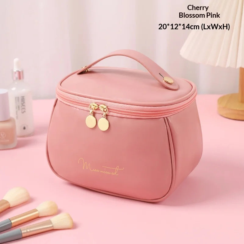 2026 New PU Leather Cosmetic Bag For Women Multi-Functional Portable Travel Storage Makeup Case Female Toiletry Kit Bag YUZI Peaceful Pleasures Health and Wellness Pink 21x14x14cm
