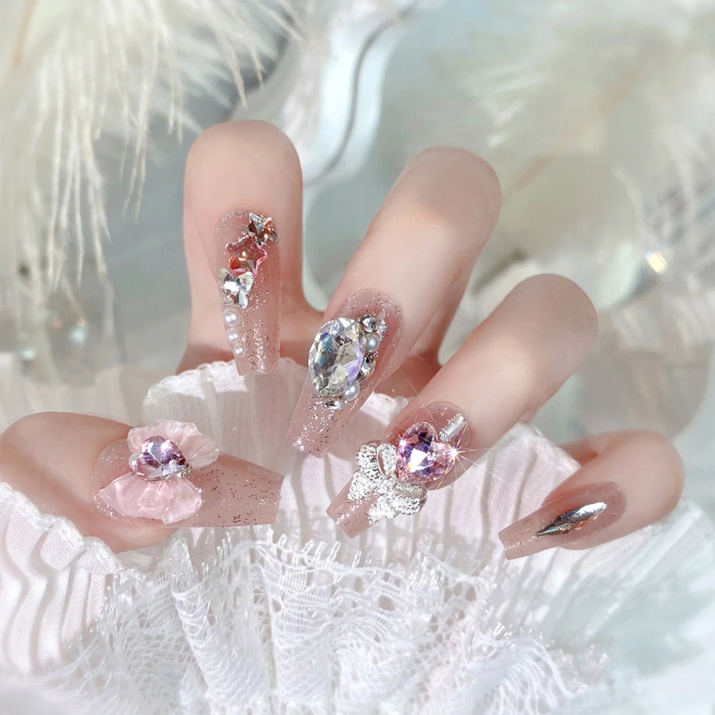 24pcs New Year Heavy Metal Press on Nails Chinese Bride Wedding Fake Nails Full Cover Wearable Shiny Large Crystal False Nails Peaceful Pleasures Health and Wellness style 7