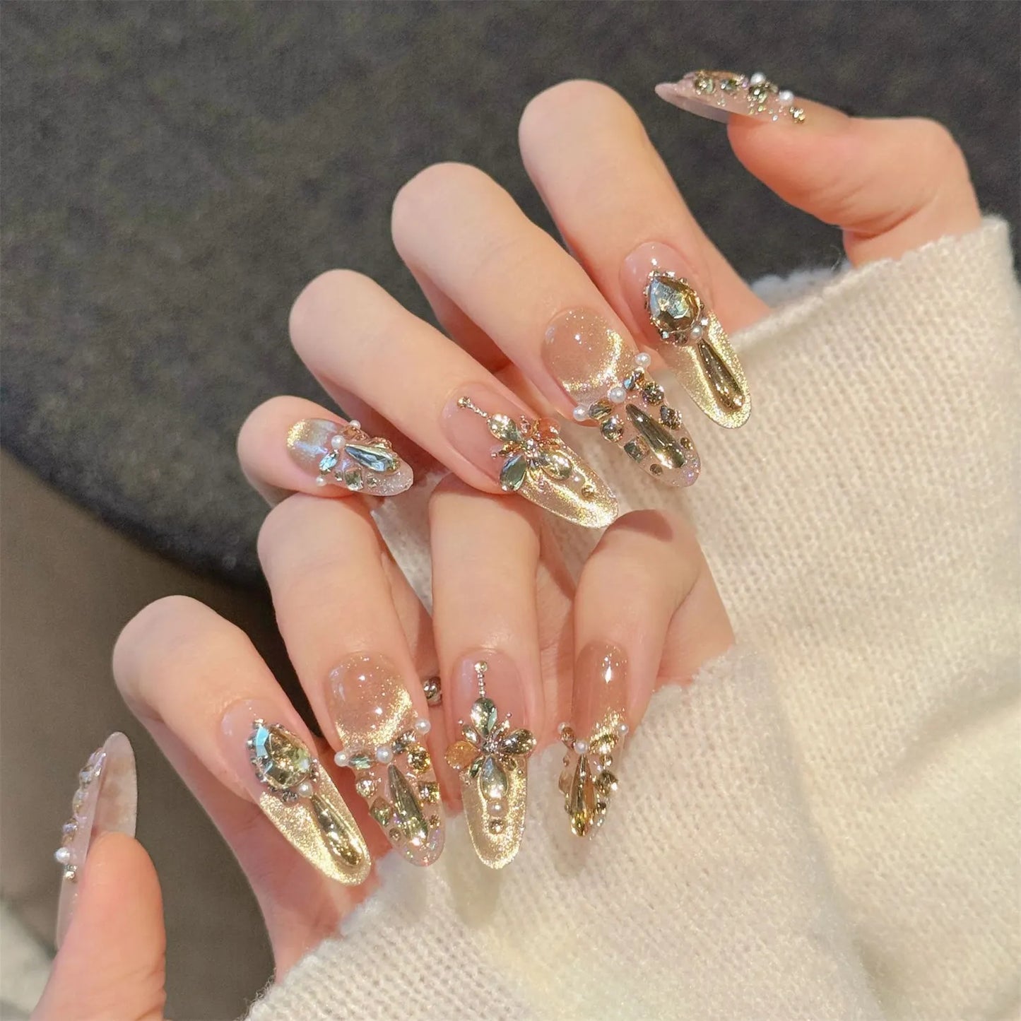 10PCS Handmade Press on Nails Champagne Zircon Diamond Almond Fake Nails Decor Wearable French Elegant Cat's Eye False Nails Art Peaceful Pleasures Health and Wellness