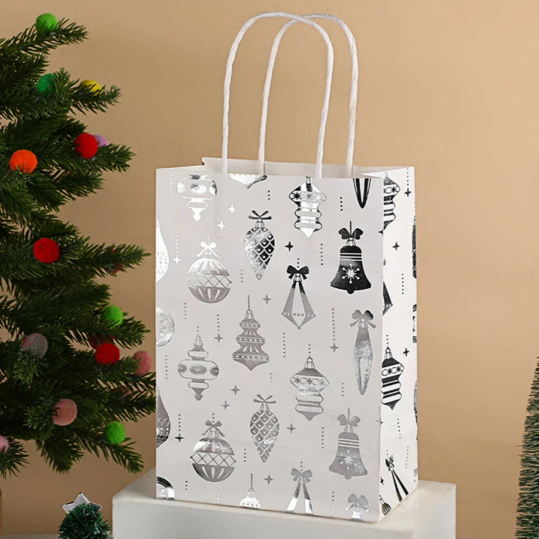 Christmas White Kraft Gift Bag – Snowflake & Reindeer Pattern