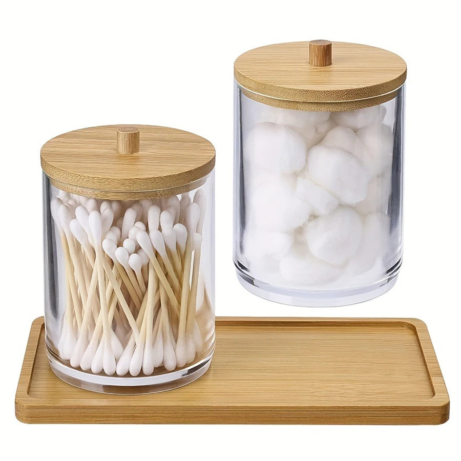 Acrylic Cotton Swab Holder Canister with Tray – 2-Pack 10oz Apothecary Jar Bathroom Organizer